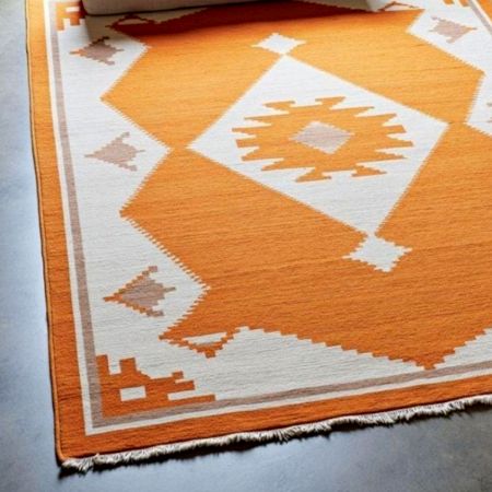 Hand Knotted Orange And Ivory Wool Rug